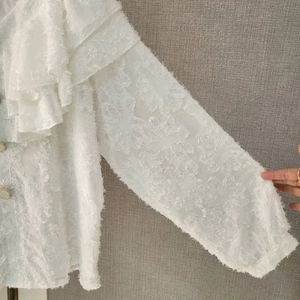 New Korean Ruffled Shoulder White Blouson