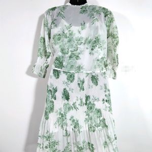 White With Green Printed Dress (Women's)