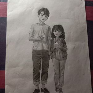 Cute Animated Couple Sketch A4 Size