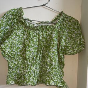 Green Flower Print Crop Top