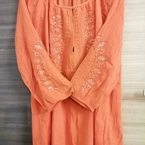 Orange Embroidered Short Kurta