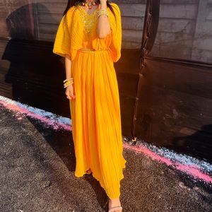 Yellow Heavy Mirror Work Kaftan Dress With Belt💛