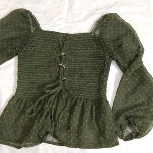 Olive Green Peplum Top With Balloon Sleeves