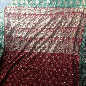 Red Saree With Green Lace