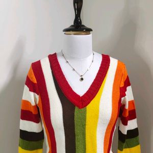 Rainbow Striped V Neck Sweater