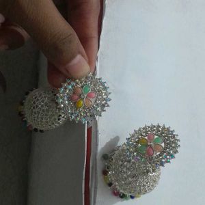 Silver White With Colourful Buds Jhumkas For Women