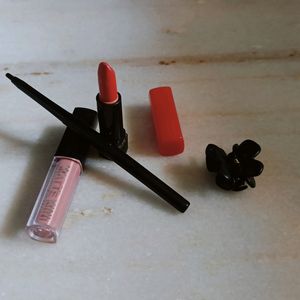 Lipsticks,Eye Kajal Pencil,Hair Clip Combo