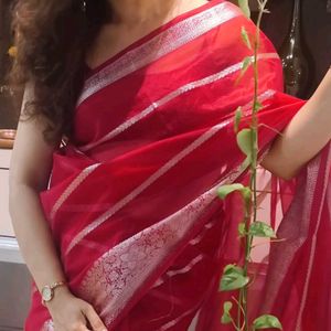 Silver Stripe Red Saree