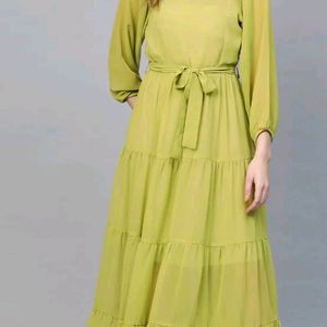 Lime Green Tiered Pleated Maxi Dress