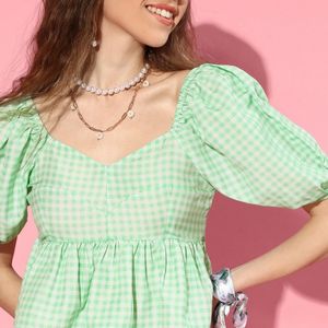 SASSFARAS green checked sweetheart neck peplum top