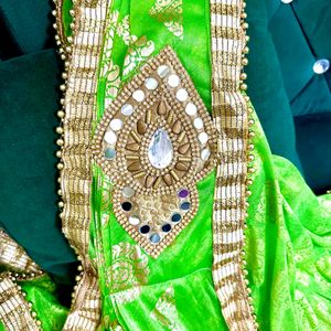 Parrot Green Pleated Saree With Blouse