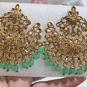 Sea Green With Golden Kundan Earrings