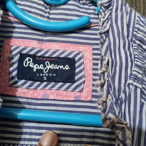 Blue Striped Chinese Collared Shirt For Women