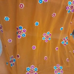 Flower Embroidered Orange Saree