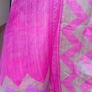 Magenta Tissue Saree with Silver Zari Border