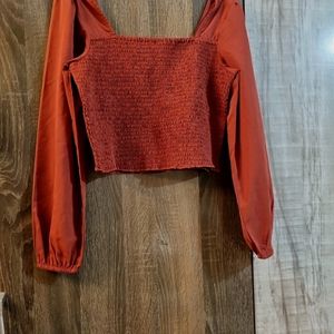 Fitted Square Neck Dark Brown Smocked Top