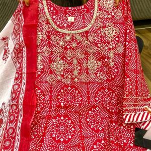 Anarkali Kurta Pant Dupatta Set Bandhej Mirror Wor