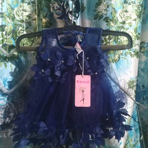 Cute Baby Girl Navy Dress With Hairband - New