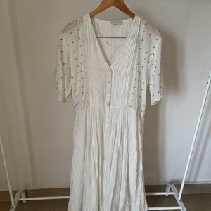 Embroidered White Linen Pleated Midi Dress