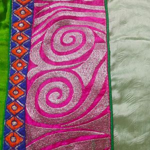 Florescent Green Saree With Stitched Blouse