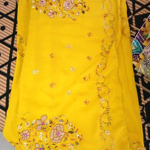 Thread Work Biscuit Yellow Saree