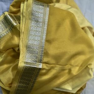 Yellow  Crape Silk Sari With blouse Pie