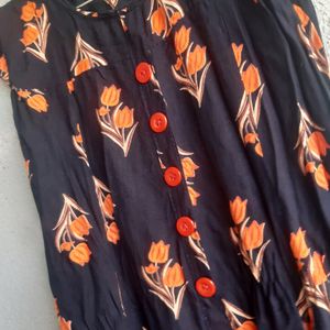 Black Anarkli Top Having Orange Floral Design