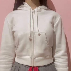 White Cotton Zipper Hood Jacket