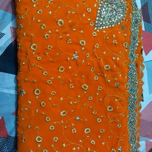 Embroid Party Wear Orange Saree