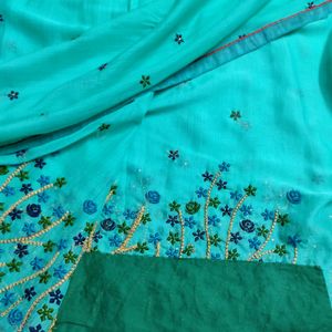 Flower Embroidery Green Saree