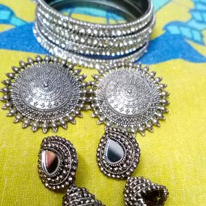 Silver Gildn Bangles With 3 Pair Earring And Ring