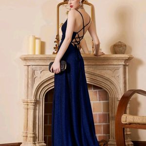 Urbanic Blue Shimmer Party Gown With Front Slit