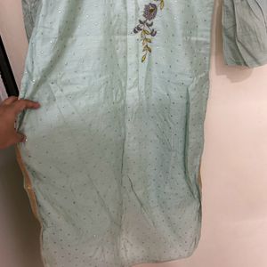 Hand Embroidered Pista Silk Kurta