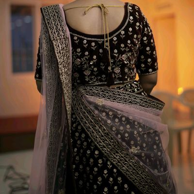 Buy Wine Sequence Embroidered Velvet Lehenga Choli