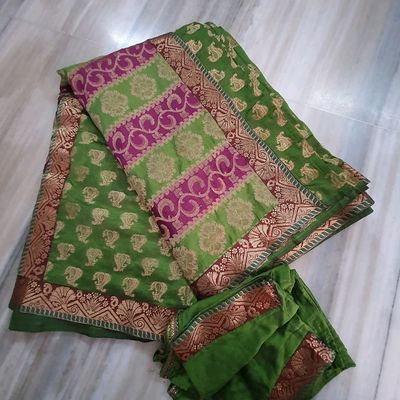 GREEN KHUN SAREE WITH BANARASI COMBINATION AND YELLOW BORDER –  ShopBollyWear.Com