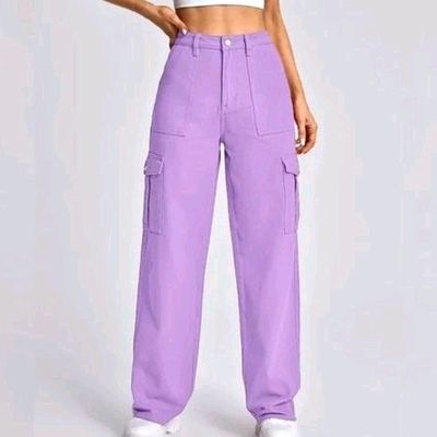 Jeans & Trousers  Purple Denim High Waist Utility 6 Pocket Wide