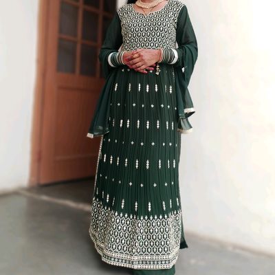 Chanderi Wedding Wear Girls Green Naira Cut Palazzo Suit, A-line at Rs  1325/set in Mumbai