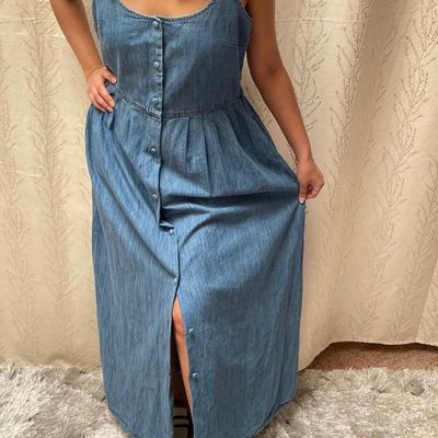 Single breasted Plain Shirred Denim Dress Spaghetti Strap - Temu