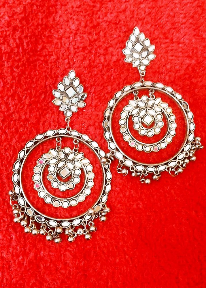 Oxidised Mirror Chaandbaali Baali Long Earnings