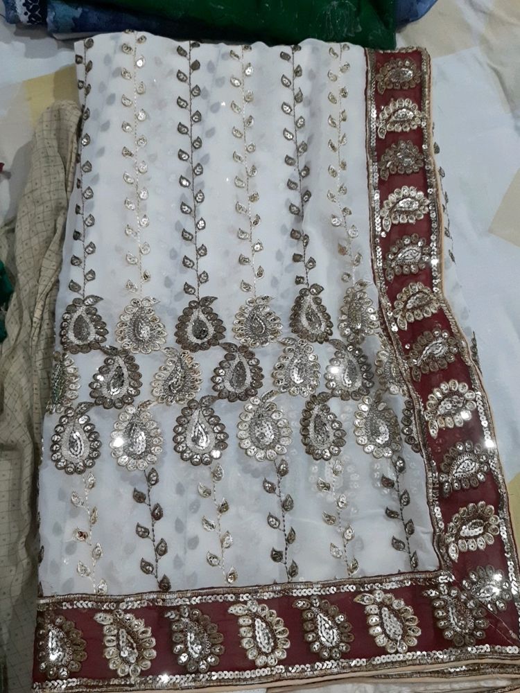 Beautiful Off White And Maroon Saree