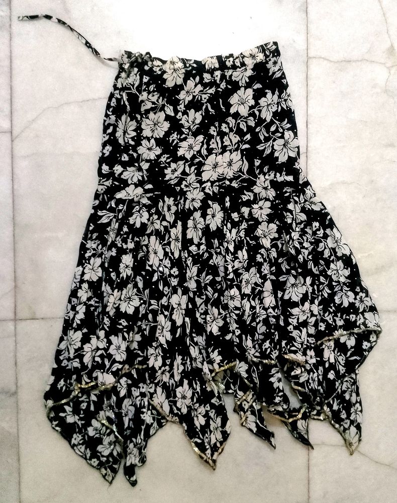 Black And White Floral Assymetrical Skirt