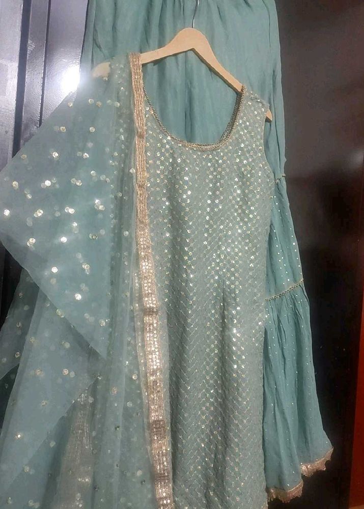 Greenish Grey Sharara Suit & Dupatta 34 Bust