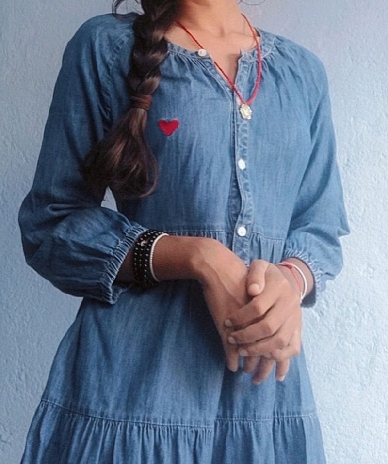 Denim Dress With Lil Red Herat...❤️