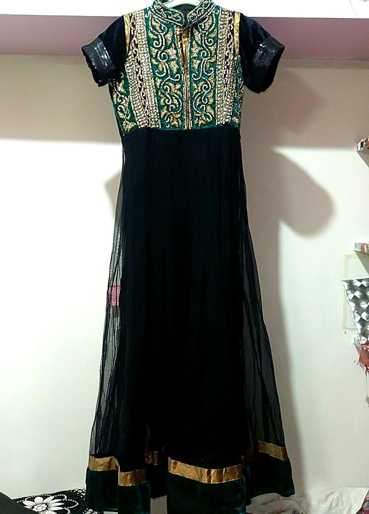 black clr anarkali dress with diamond work and golden zari work with Velvet RamaGreen Lace Bottom