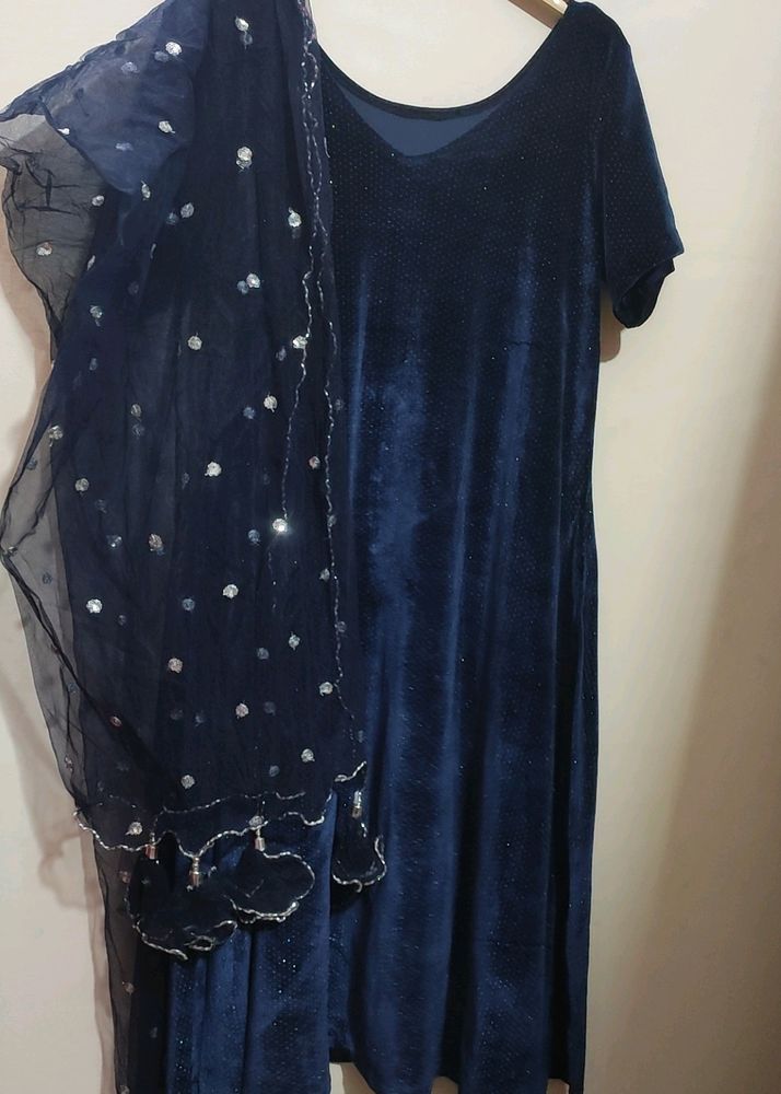 Sea Blue Velvet Suit Salwar With Dupatta 42 Bust