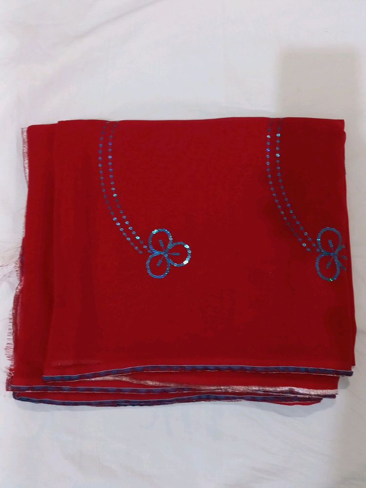 RED SAREE WITH BLUE SEQUIN WORK