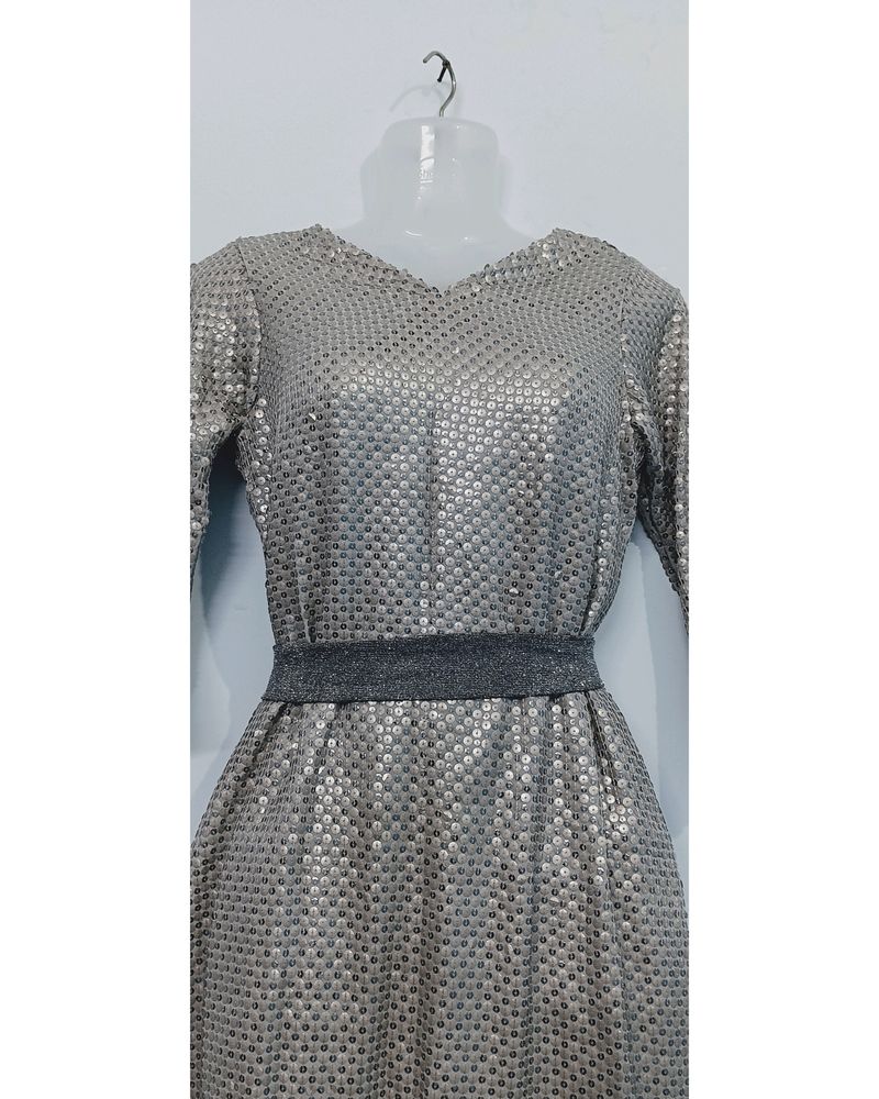 Sequence Dress Silver With Sparkle Belt And Plazo