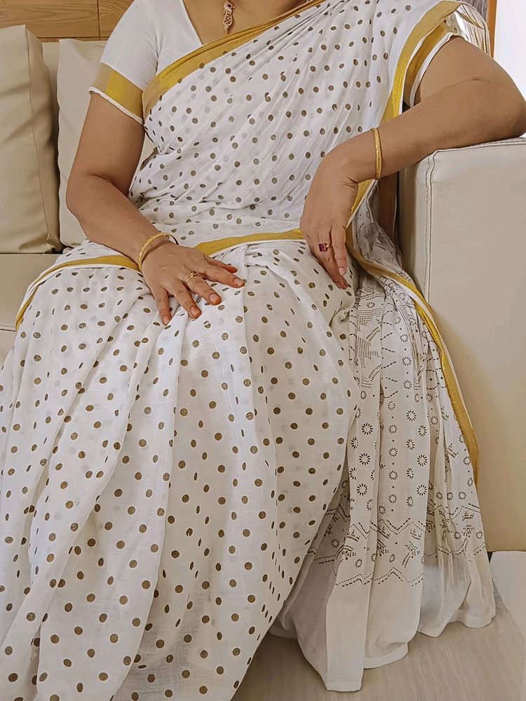 White Golden Dot Saree