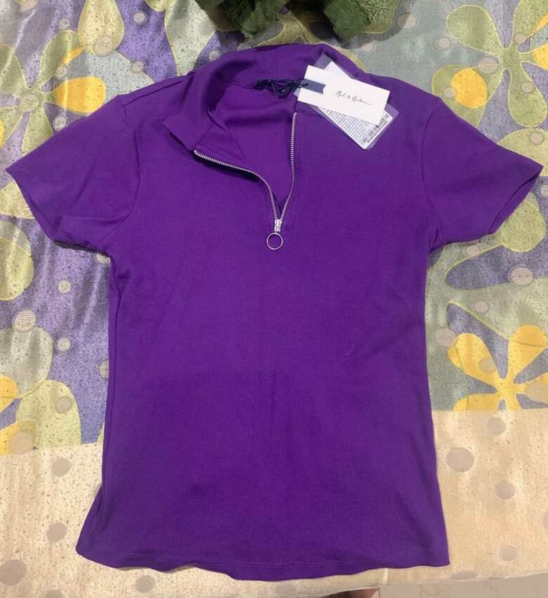 Mast & Harbour Women Purple SolidHigh Neck T-shirt