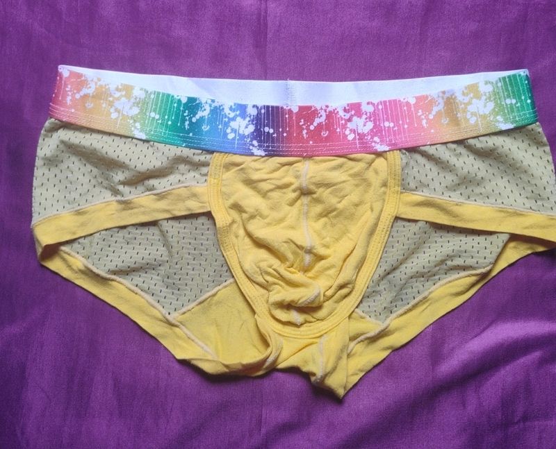 Netted Yellow Briefs With Multi Coloured Band